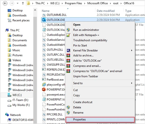 right click on outlook.exe and select properties