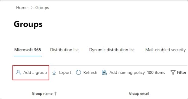 3.	Click on Add a Group to create a new Microsoft 365 Group