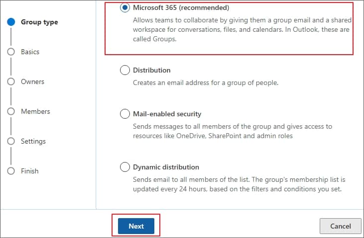 Select the Group type from the given list and click Next to proceed