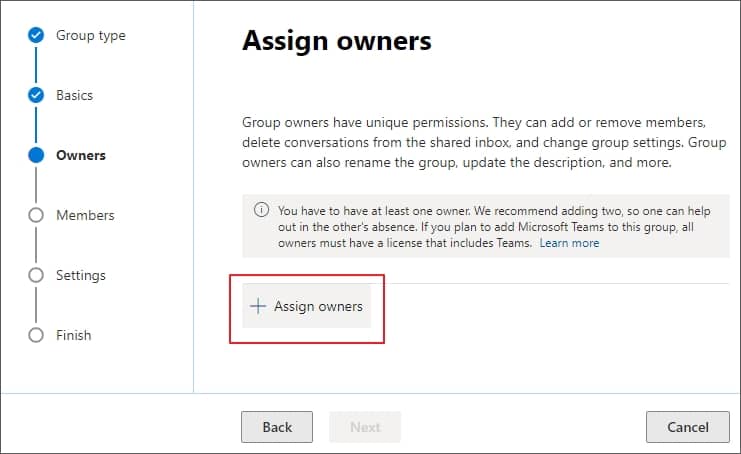 select Assign Owners to define the owner of the group 