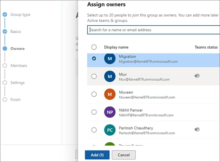 Use the search box to find the user whom you want to make the owner