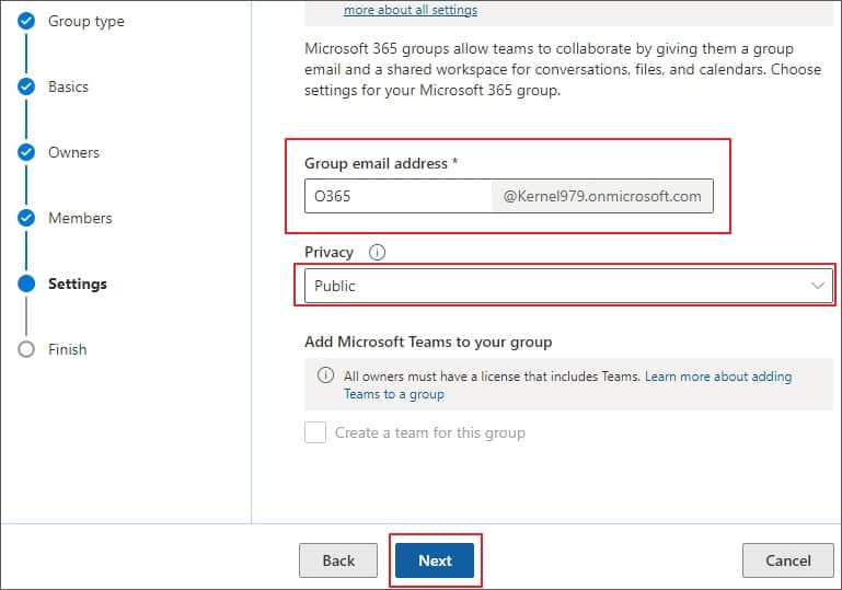 Create a Group email address manage Privacy and then click Next