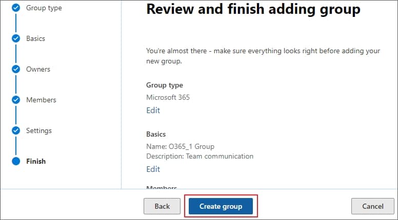 once done review the settings and click Create Group to create a group