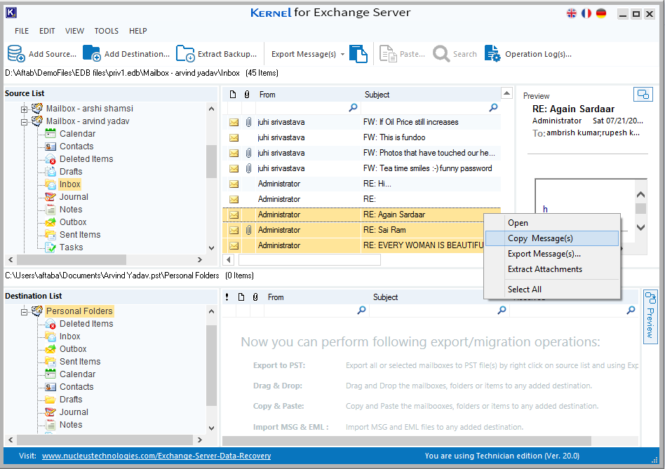 copy and paste EDB file to PST