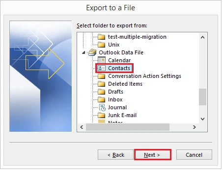 Select Contacts folder