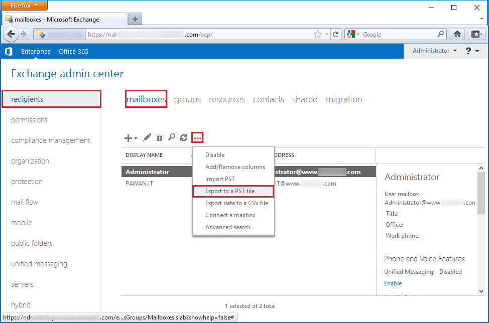 select mailbox to export