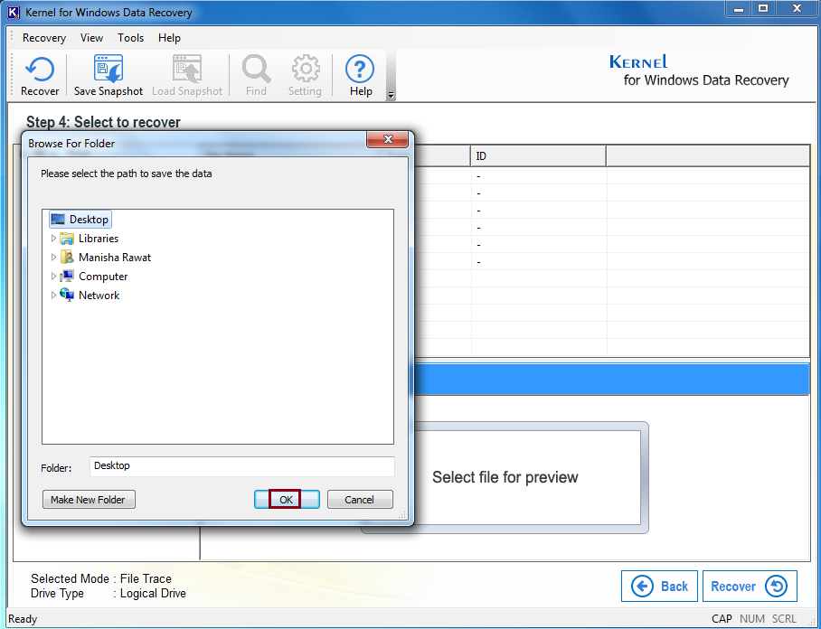 select a destination where your recovered files