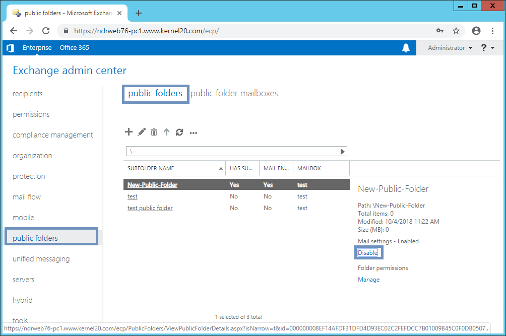 Select the public folder you want to set mail settings
