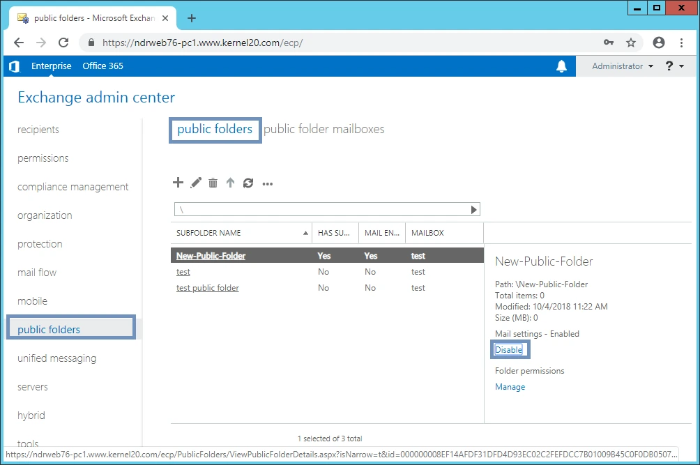 Select the public folder you want to set mail settings