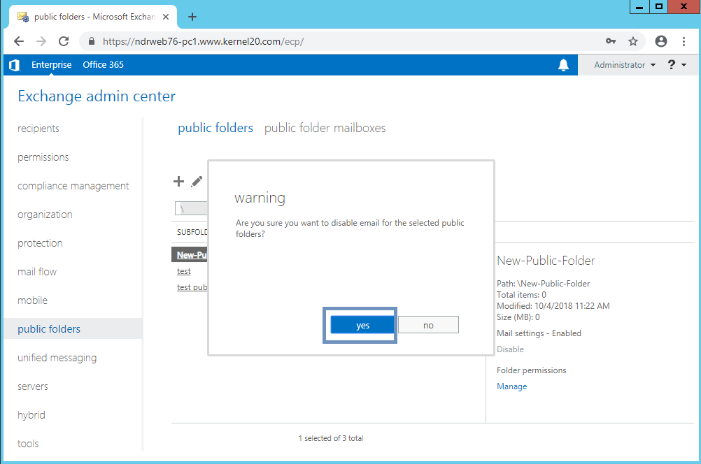A warning message is displayed Select Yes to confirm the setting