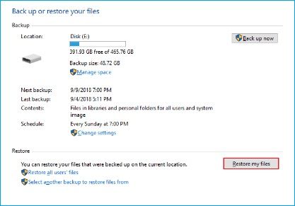 click on Restore my Files