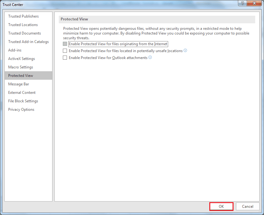 Unselect all the three options which includes Enable Protected View for Outlook attachments