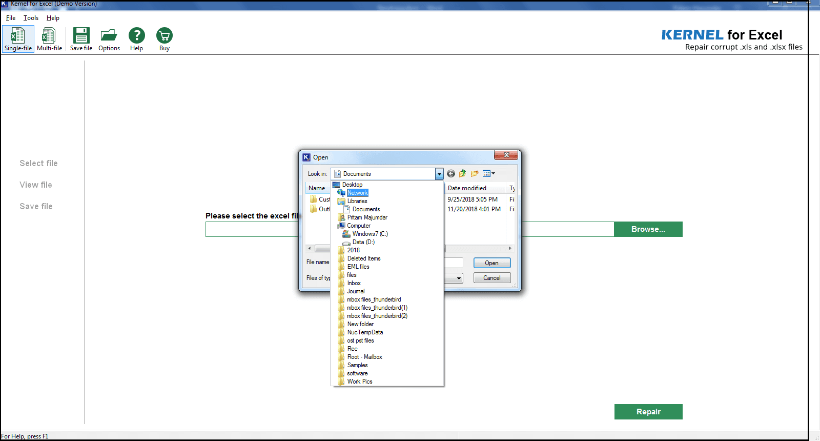 Browse to select the Excel file you need to Recover