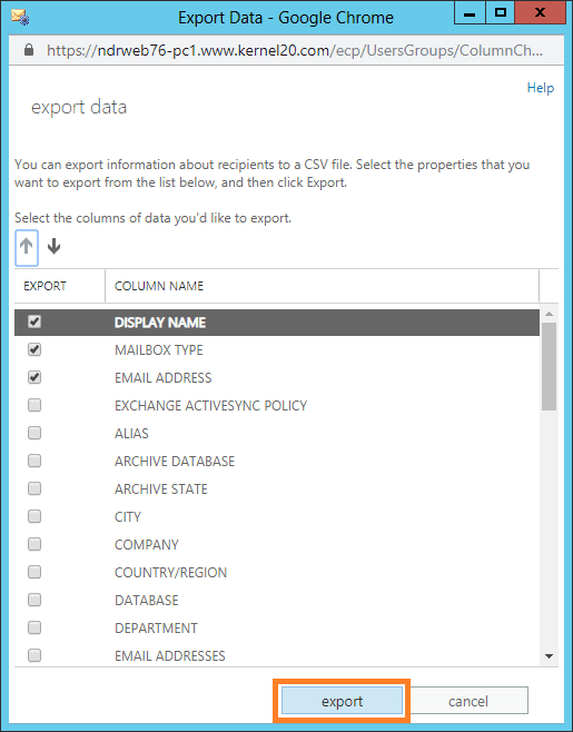 Select the data for the export