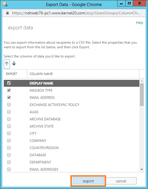 Select the data for the export