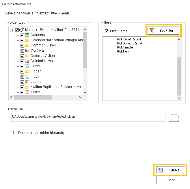 set filter and extract to start process