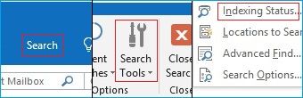 select Indexing Status on Outlook 2016 