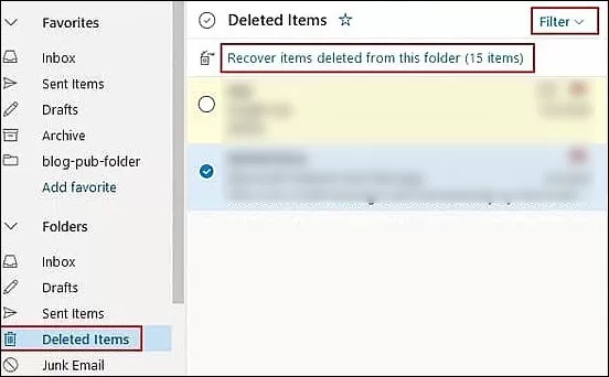 click on Recover items deleted from this folder