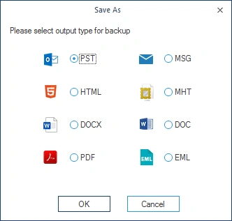 Select desired file format to backup Office 365