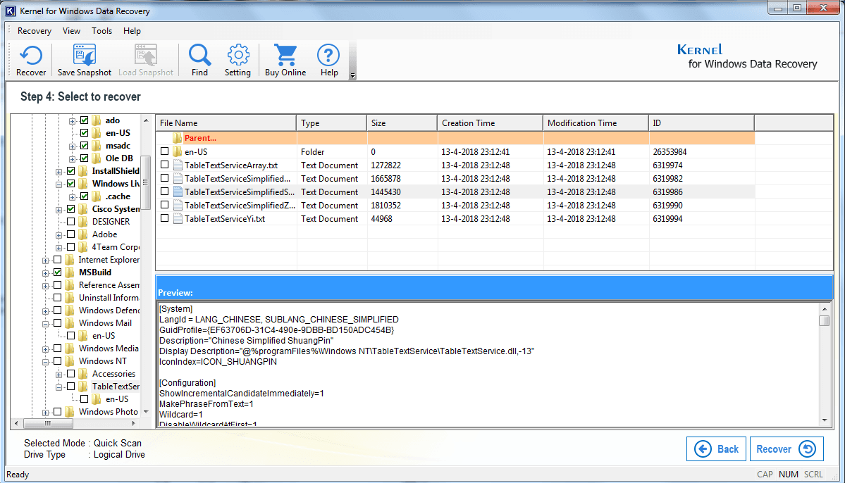 Select files & folder to recover