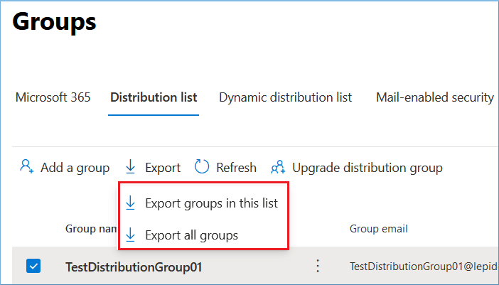 Select Exports groups in this list or Export all groups