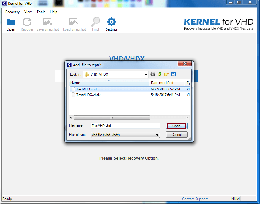 Select the desired VHD file and click on Open