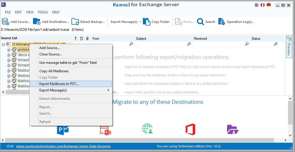 Select Export Mailboxes to PST