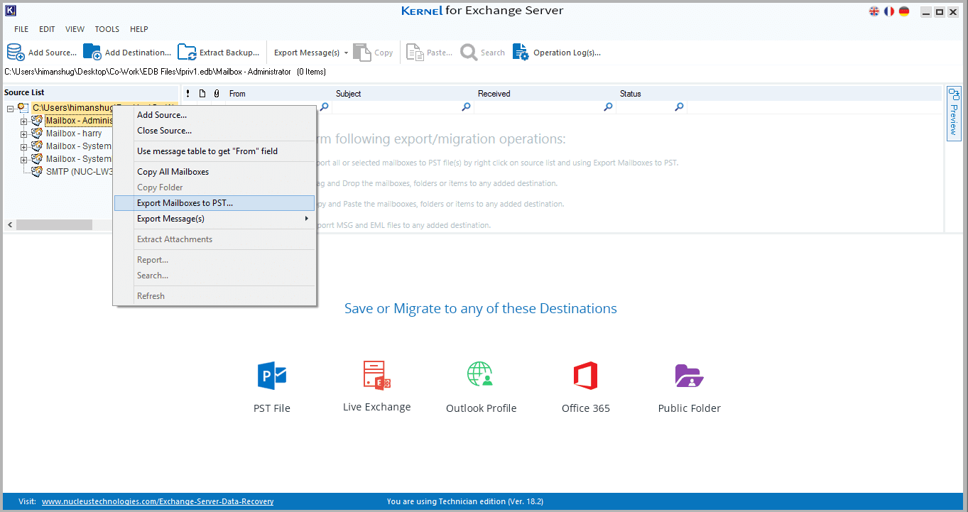 right click on the root directory in the added EDB file and select Export Mailboxes to PST