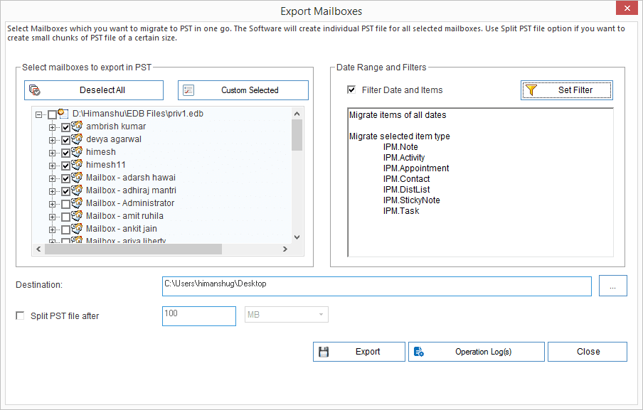 Select the archive mailbox that you want to recover or export to PST