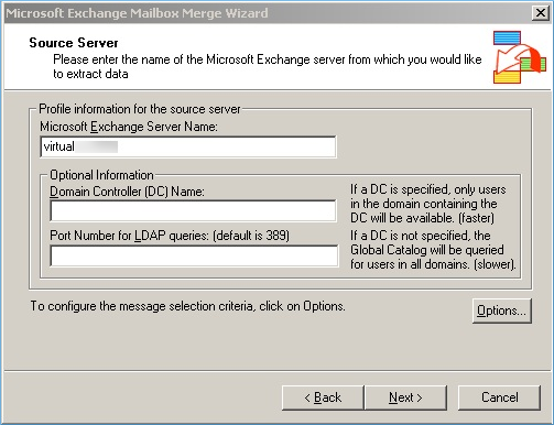 Provide the Exchange Server name and click Next