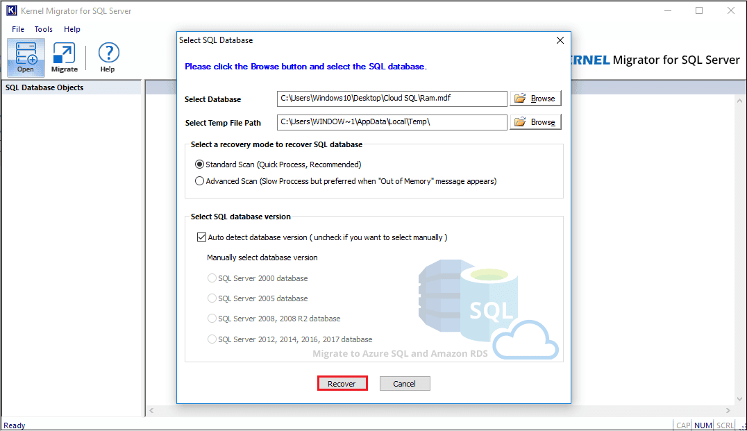 Select MDF file to recover