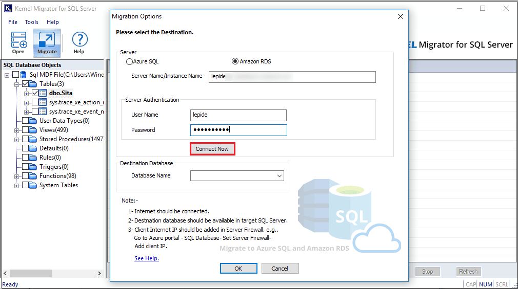Select Amazon RDS as the destination server
