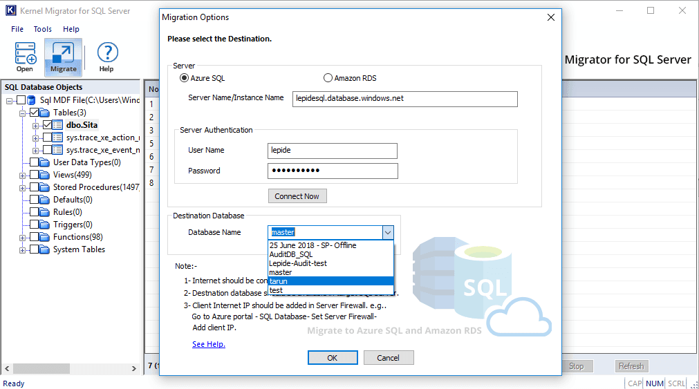 select the destination database