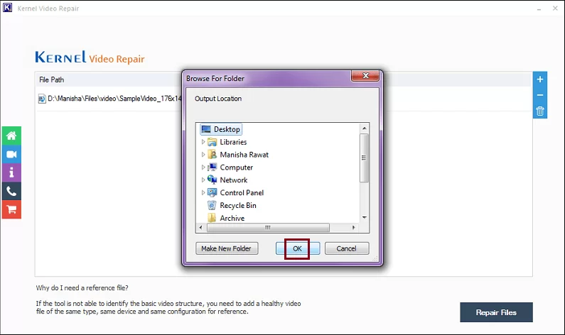 Provide a destination to save repaired video files