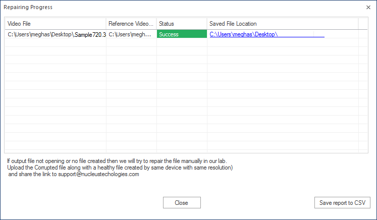 video file is repaired and saved