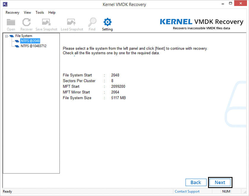 select the desired file system to recover VMDK file