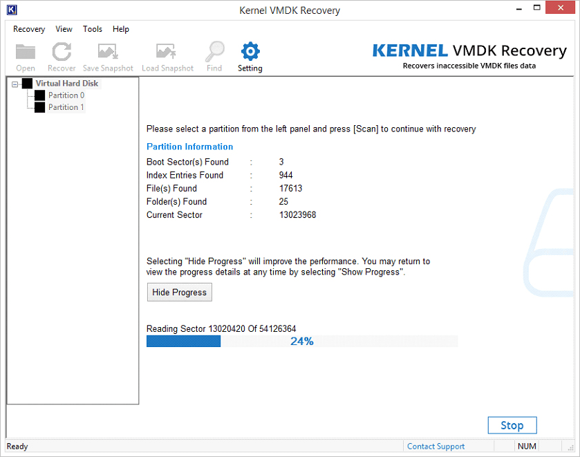 view the scanning process to repair the corrupt VMDK file