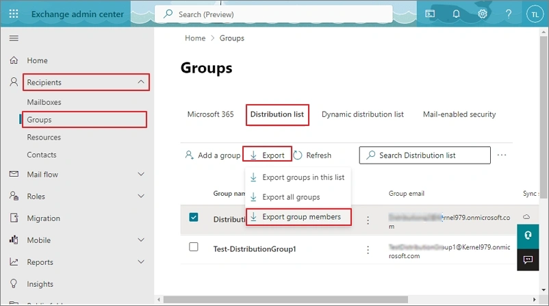 Select the distribution group to export