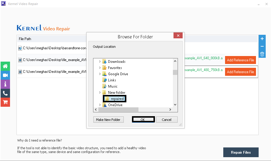 Add the saving location for the repaired video files.