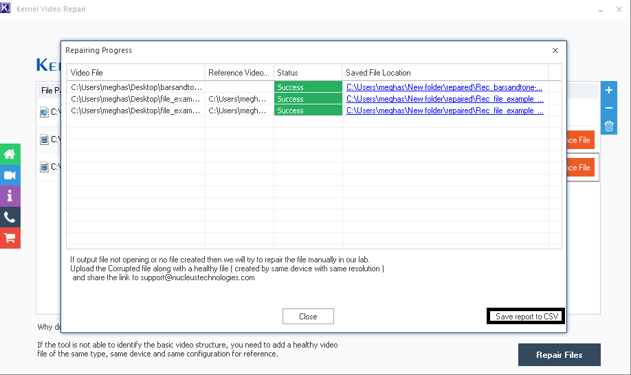 You can save repair video file report to a CSV file