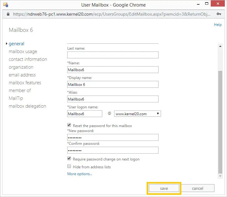 Reset Password option