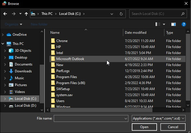 Browse for Microsoft Outlook