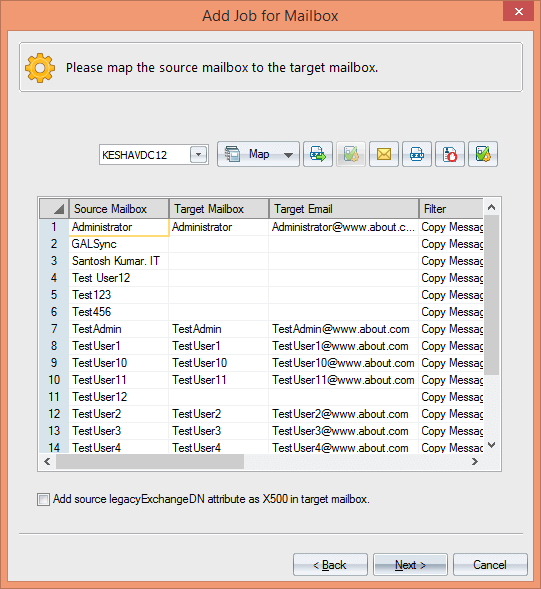 Map the source and target mailboxes