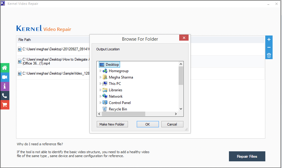 Select the path to save repaired video file