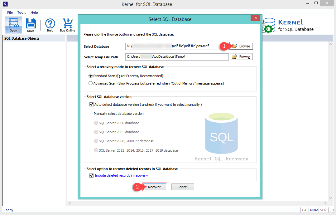 Click on Browse button and select the corrupt or damaged SQL file