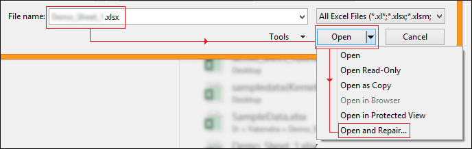 select the corrupt Excel file, Open and Repair 