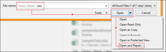  select the corrupt Excel file, Open and Repair 