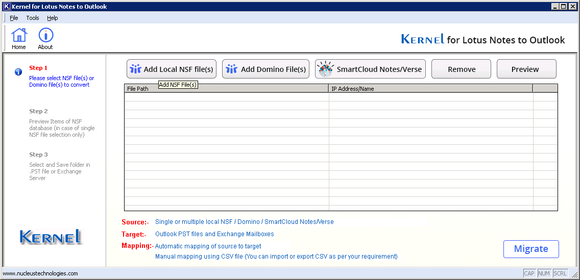 Lotus Notes to Exchange Server migration home screen