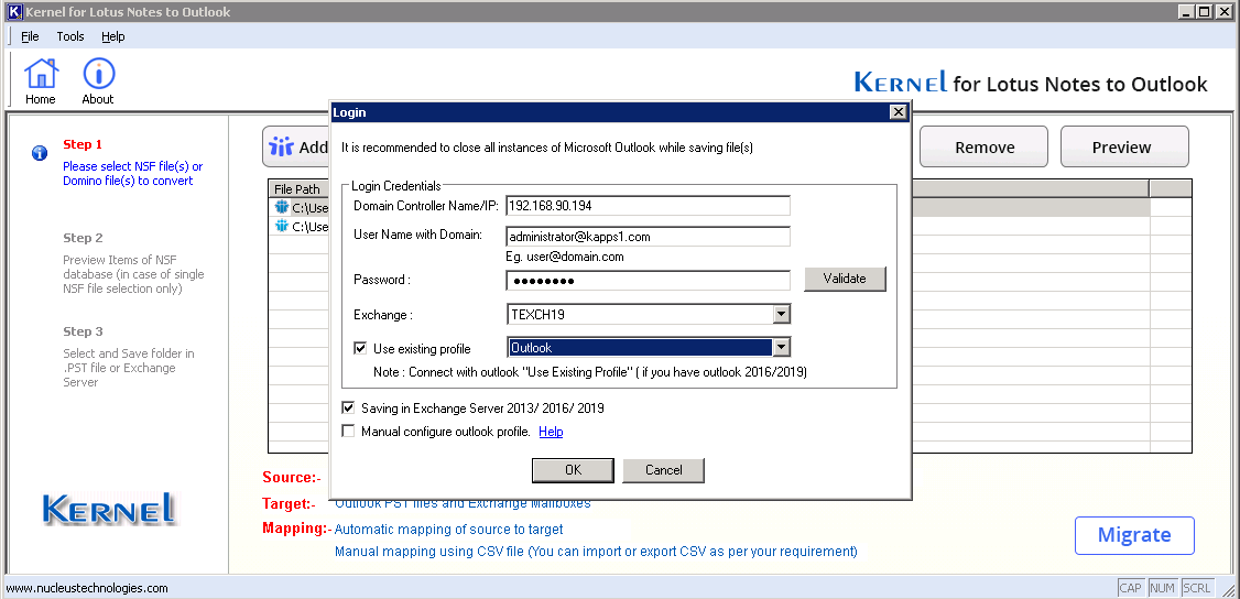 Enter the Exchange Server login credentials