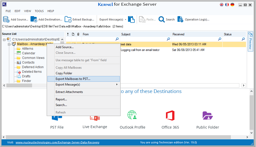 Export mailboxes to PST 